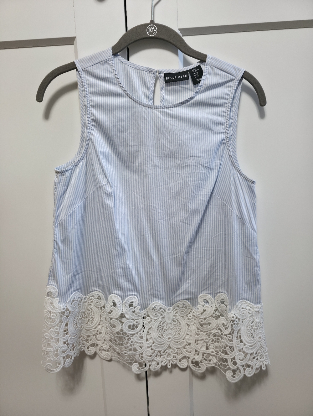 Light Blue Striped Lace-Hem Sleeveless Top
